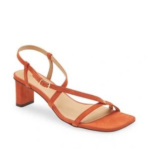 Frame La Braxton strappy leather sandal heel in burnt orange fall heel
